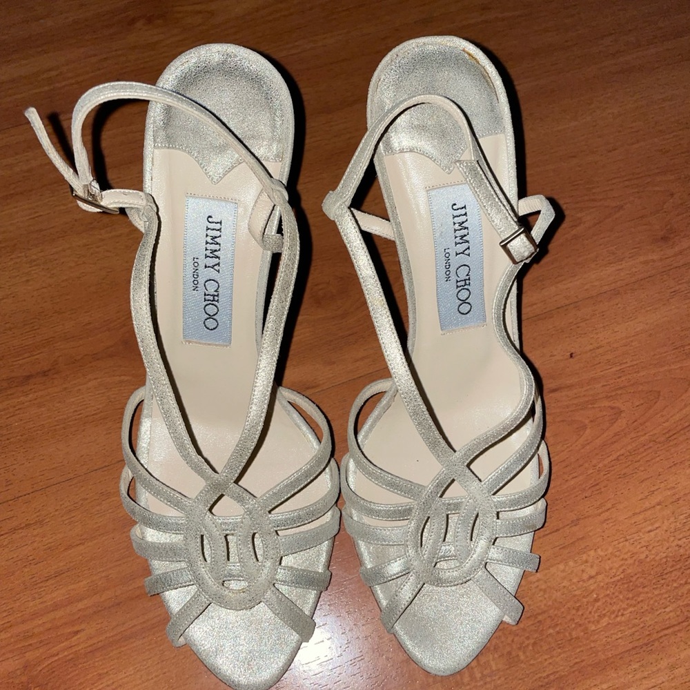 Jimmy Choo Gold Metallic Fabric Slingback Heel - Sz. 7
